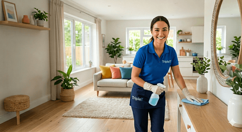 Cleaning team preparing a bright living room